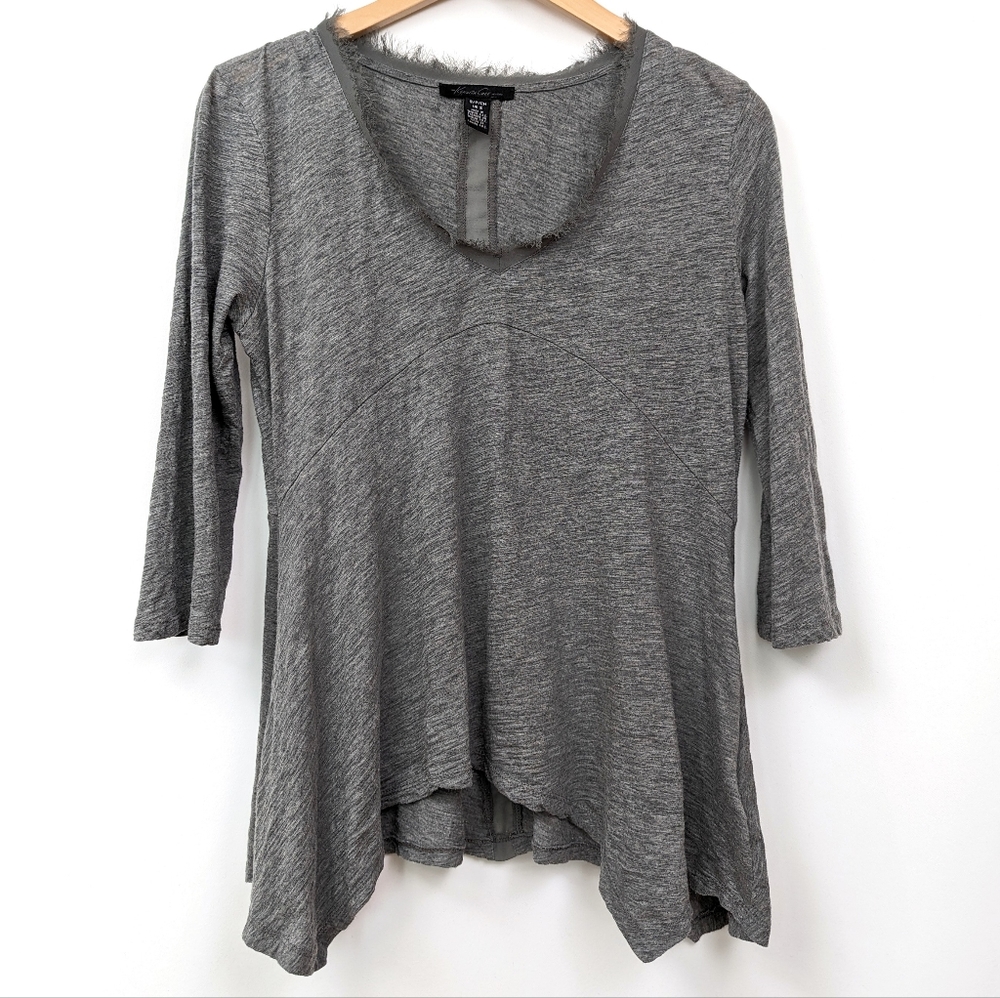Kenneth Cole Top Lagenlook Frayed Ribbon Trim Handkerchief Hem Sheer Boho Gray S